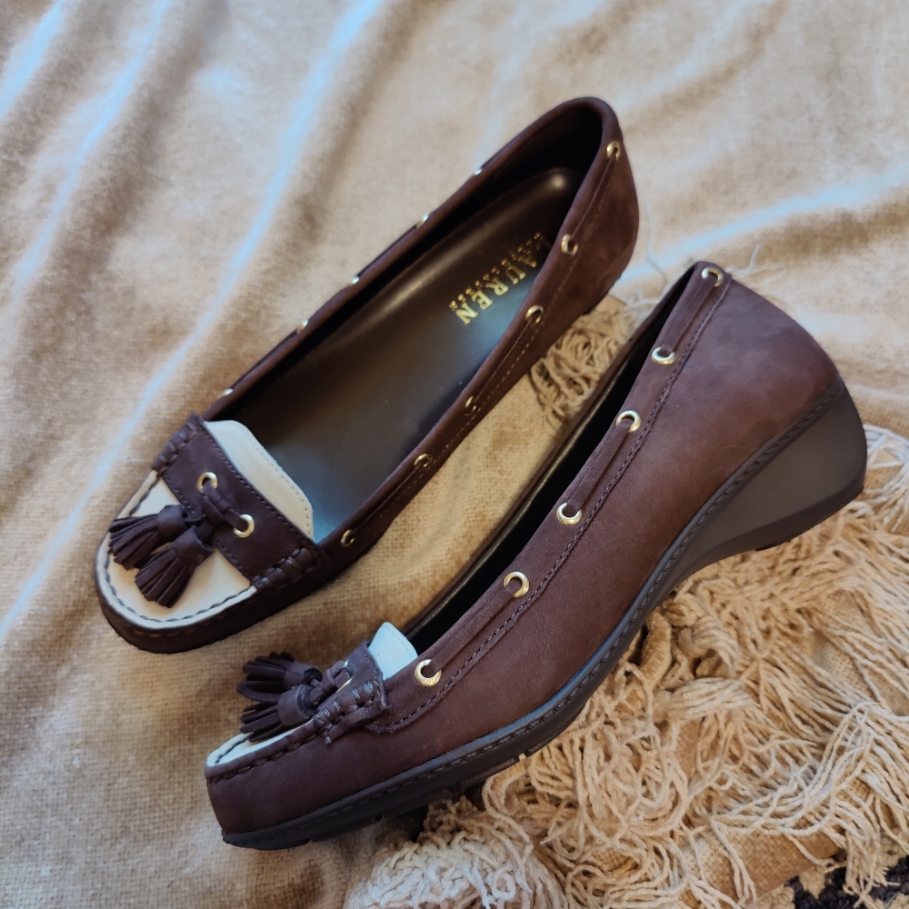 Lauren Ralph Lauren Brown Suede Tassel Loafers with Cream Toe